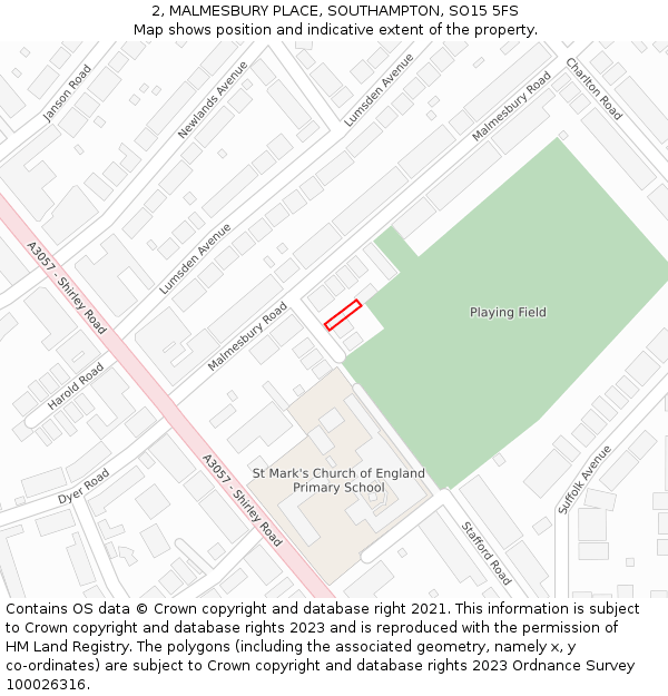 2, MALMESBURY PLACE, SOUTHAMPTON, SO15 5FS: Location map and indicative extent of plot