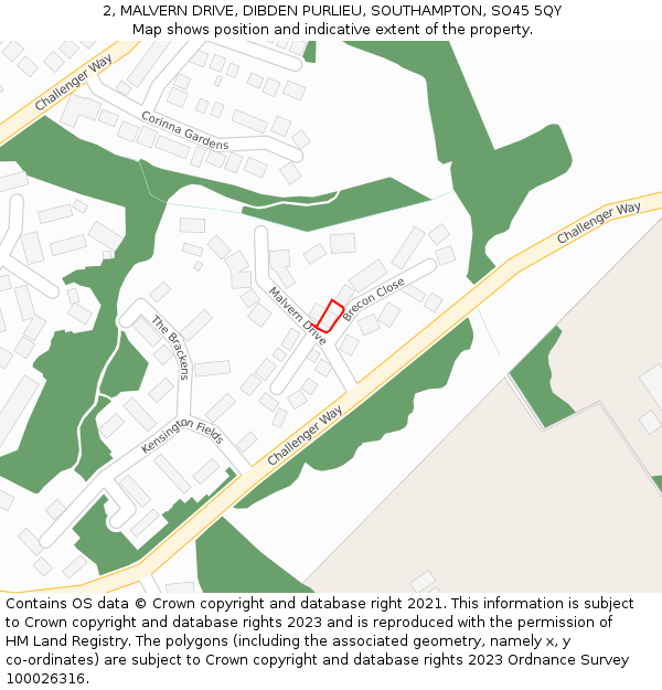 2, MALVERN DRIVE, DIBDEN PURLIEU, SOUTHAMPTON, SO45 5QY: Location map and indicative extent of plot