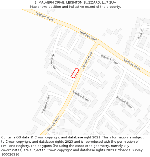 2, MALVERN DRIVE, LEIGHTON BUZZARD, LU7 2UH: Location map and indicative extent of plot