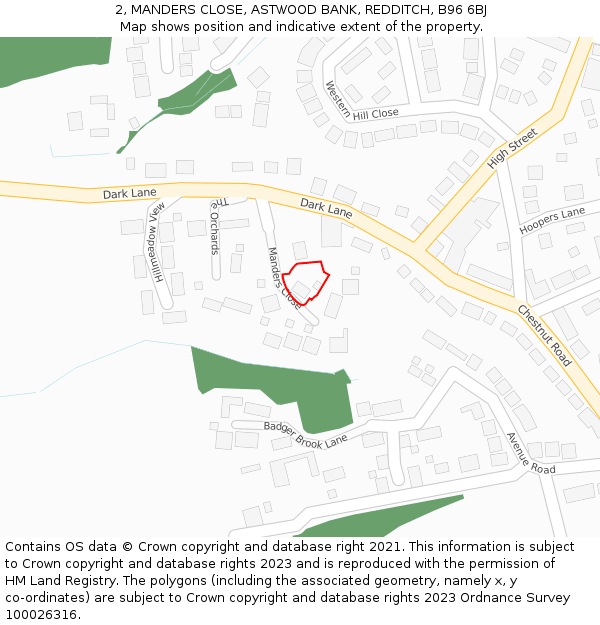 2, MANDERS CLOSE, ASTWOOD BANK, REDDITCH, B96 6BJ: Location map and indicative extent of plot