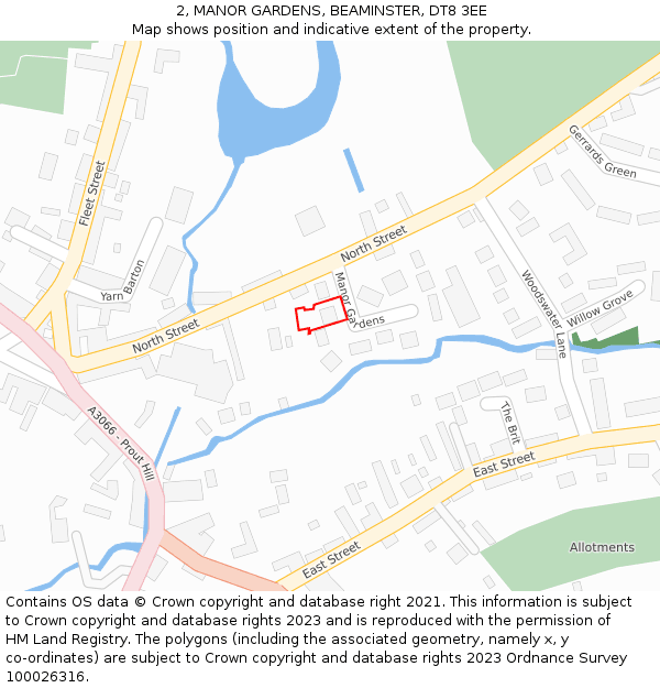 2, MANOR GARDENS, BEAMINSTER, DT8 3EE: Location map and indicative extent of plot