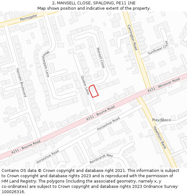 2, MANSELL CLOSE, SPALDING, PE11 1NE: Location map and indicative extent of plot