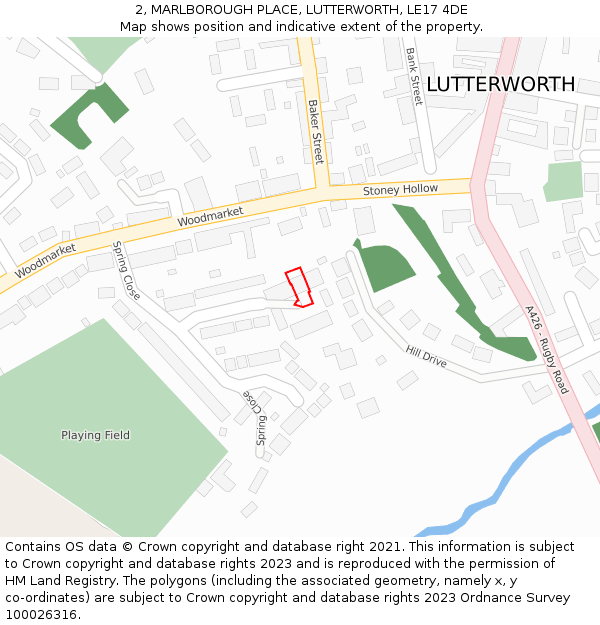 2, MARLBOROUGH PLACE, LUTTERWORTH, LE17 4DE: Location map and indicative extent of plot