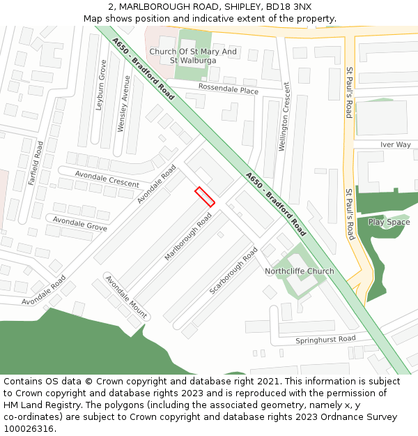 2, MARLBOROUGH ROAD, SHIPLEY, BD18 3NX: Location map and indicative extent of plot