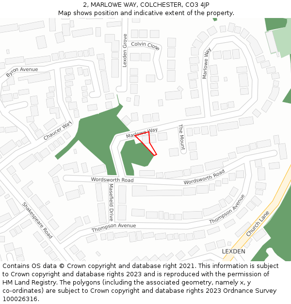 2, MARLOWE WAY, COLCHESTER, CO3 4JP: Location map and indicative extent of plot