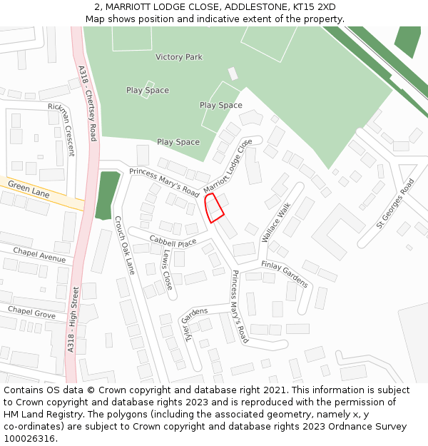 2, MARRIOTT LODGE CLOSE, ADDLESTONE, KT15 2XD: Location map and indicative extent of plot