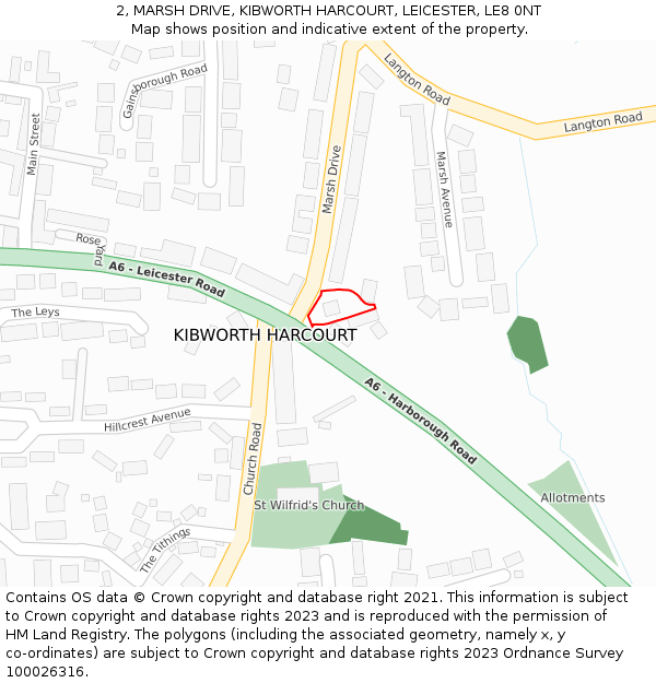 2, MARSH DRIVE, KIBWORTH HARCOURT, LEICESTER, LE8 0NT: Location map and indicative extent of plot