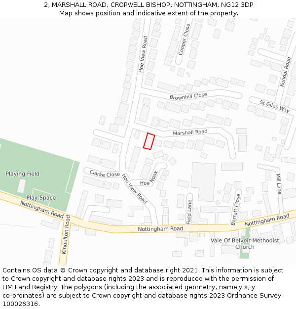 2, MARSHALL ROAD, CROPWELL BISHOP, NOTTINGHAM, NG12 3DP: Location map and indicative extent of plot