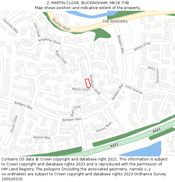 2, MARTIN CLOSE, BUCKINGHAM, MK18 7HB: Location map and indicative extent of plot
