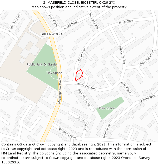 2, MASEFIELD CLOSE, BICESTER, OX26 2YX: Location map and indicative extent of plot