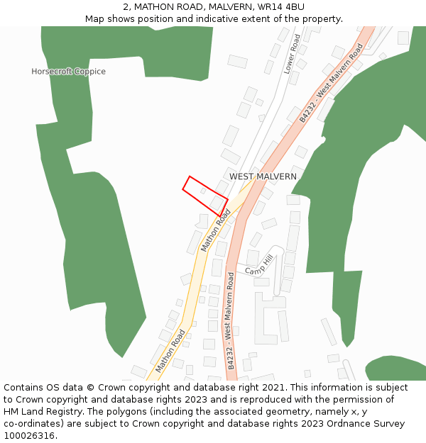 2, MATHON ROAD, MALVERN, WR14 4BU: Location map and indicative extent of plot