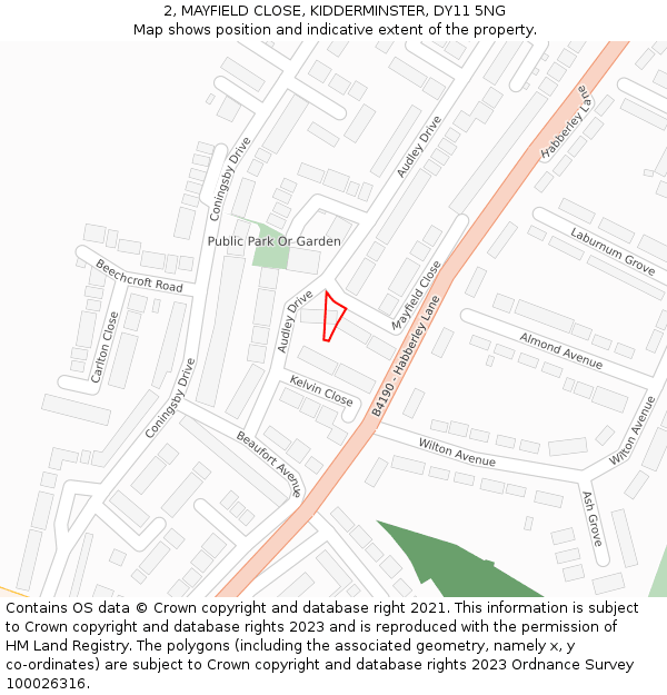 2, MAYFIELD CLOSE, KIDDERMINSTER, DY11 5NG: Location map and indicative extent of plot