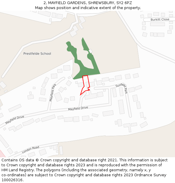 2, MAYFIELD GARDENS, SHREWSBURY, SY2 6PZ: Location map and indicative extent of plot