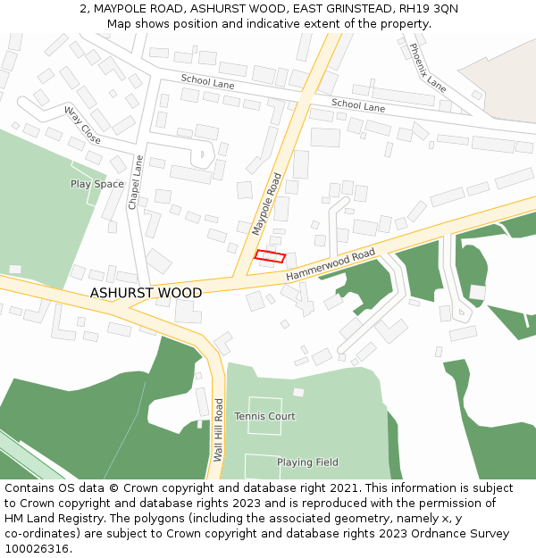 2, MAYPOLE ROAD, ASHURST WOOD, EAST GRINSTEAD, RH19 3QN: Location map and indicative extent of plot