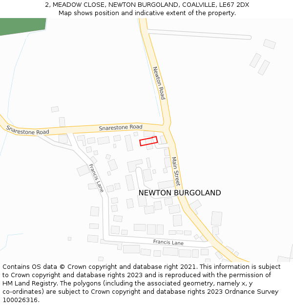 2, MEADOW CLOSE, NEWTON BURGOLAND, COALVILLE, LE67 2DX: Location map and indicative extent of plot