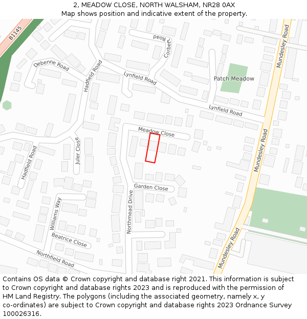 2, MEADOW CLOSE, NORTH WALSHAM, NR28 0AX: Location map and indicative extent of plot