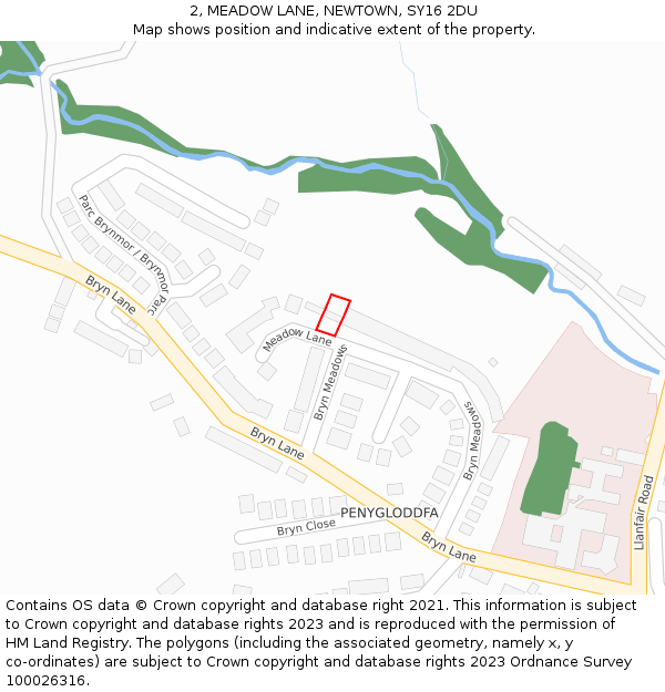 2, MEADOW LANE, NEWTOWN, SY16 2DU: Location map and indicative extent of plot