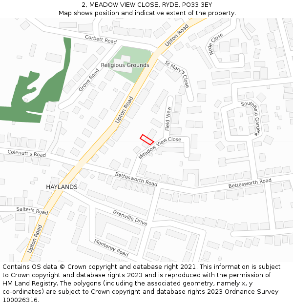 2, MEADOW VIEW CLOSE, RYDE, PO33 3EY: Location map and indicative extent of plot