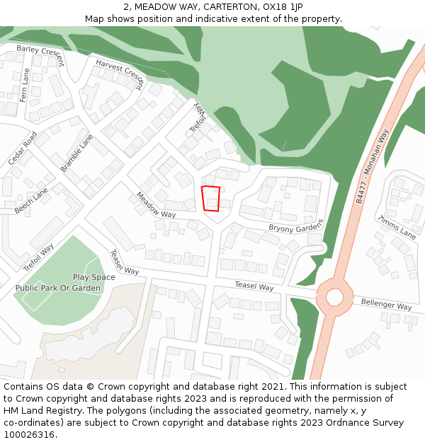 2, MEADOW WAY, CARTERTON, OX18 1JP: Location map and indicative extent of plot