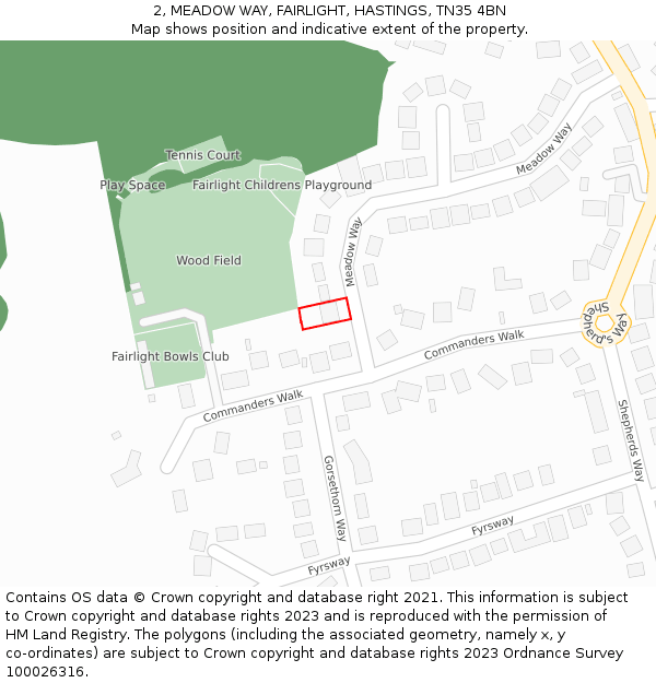 2, MEADOW WAY, FAIRLIGHT, HASTINGS, TN35 4BN: Location map and indicative extent of plot