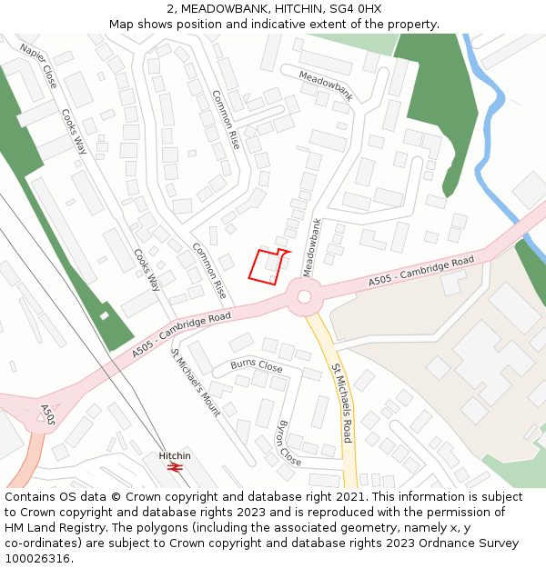 2, MEADOWBANK, HITCHIN, SG4 0HX: Location map and indicative extent of plot