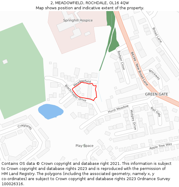 2, MEADOWFIELD, ROCHDALE, OL16 4QW: Location map and indicative extent of plot