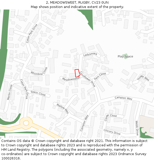 2, MEADOWSWEET, RUGBY, CV23 0UN: Location map and indicative extent of plot