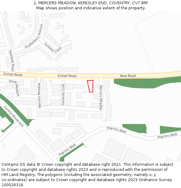 2, MERCERS MEADOW, KERESLEY END, COVENTRY, CV7 8RF: Location map and indicative extent of plot