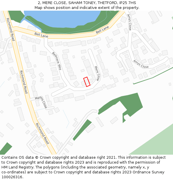 2, MERE CLOSE, SAHAM TONEY, THETFORD, IP25 7HS: Location map and indicative extent of plot