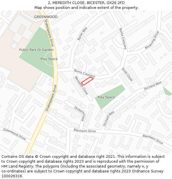 2, MEREDITH CLOSE, BICESTER, OX26 2FD: Location map and indicative extent of plot