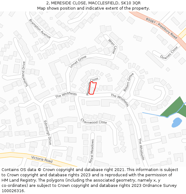 2, MERESIDE CLOSE, MACCLESFIELD, SK10 3QR: Location map and indicative extent of plot