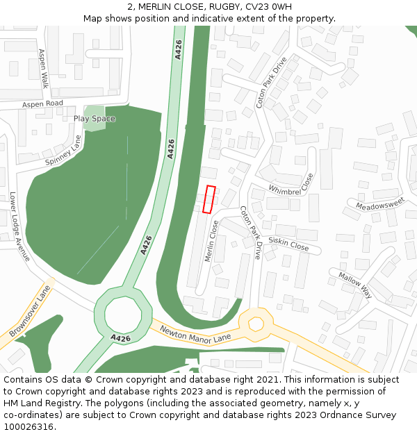 2, MERLIN CLOSE, RUGBY, CV23 0WH: Location map and indicative extent of plot