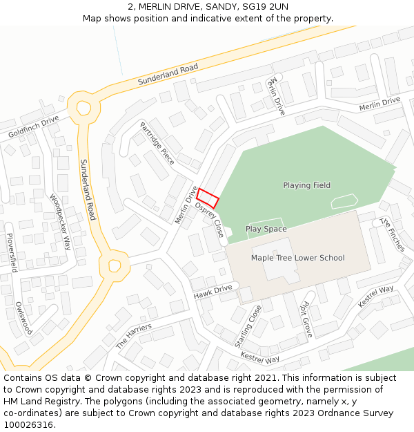 2, MERLIN DRIVE, SANDY, SG19 2UN: Location map and indicative extent of plot