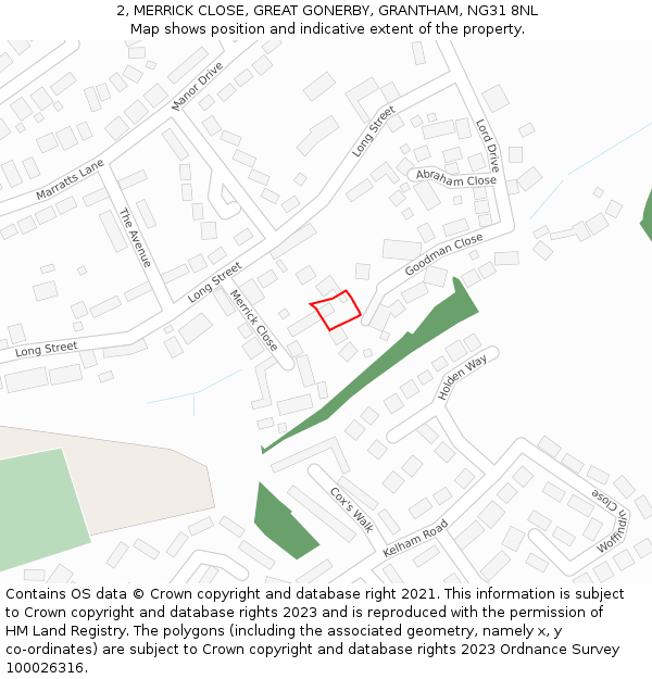 2, MERRICK CLOSE, GREAT GONERBY, GRANTHAM, NG31 8NL: Location map and indicative extent of plot