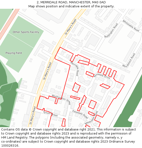 2, MERRIDALE ROAD, MANCHESTER, M40 0AD: Location map and indicative extent of plot