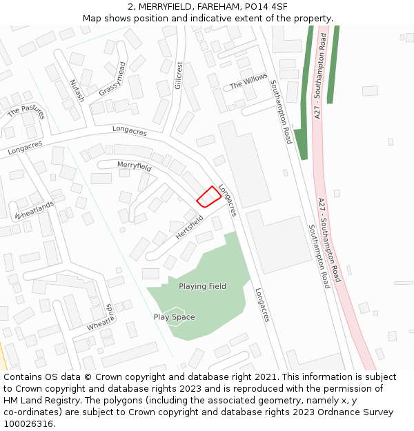 2, MERRYFIELD, FAREHAM, PO14 4SF: Location map and indicative extent of plot