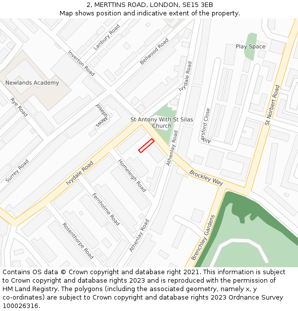 2, MERTTINS ROAD, LONDON, SE15 3EB: Location map and indicative extent of plot