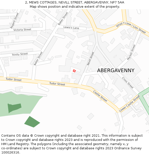 2, MEWS COTTAGES, NEVILL STREET, ABERGAVENNY, NP7 5AA: Location map and indicative extent of plot
