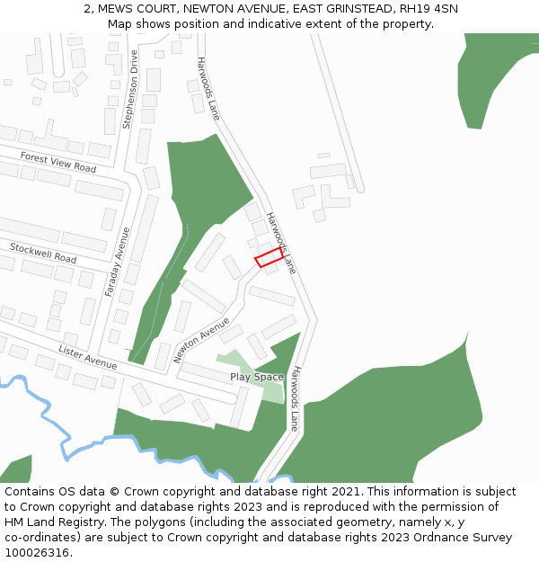 2, MEWS COURT, NEWTON AVENUE, EAST GRINSTEAD, RH19 4SN: Location map and indicative extent of plot