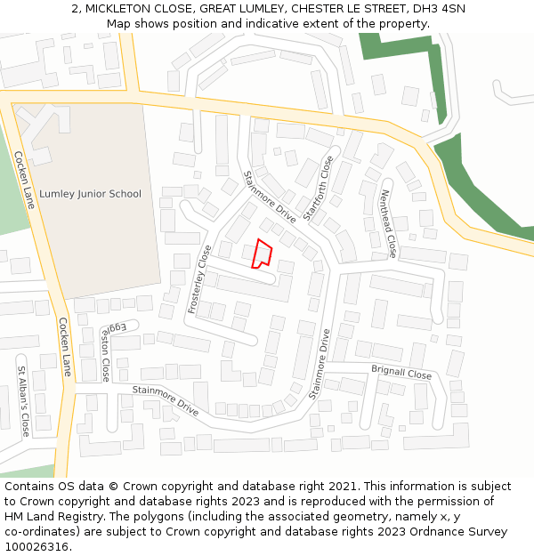 2, MICKLETON CLOSE, GREAT LUMLEY, CHESTER LE STREET, DH3 4SN: Location map and indicative extent of plot