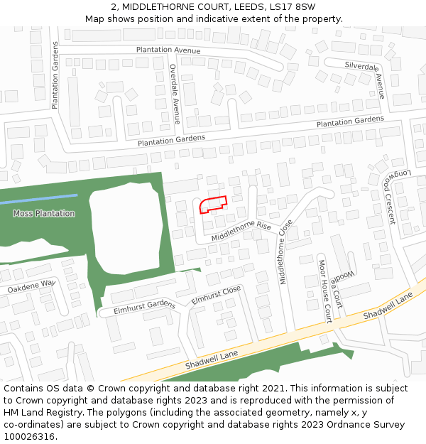 2, MIDDLETHORNE COURT, LEEDS, LS17 8SW: Location map and indicative extent of plot