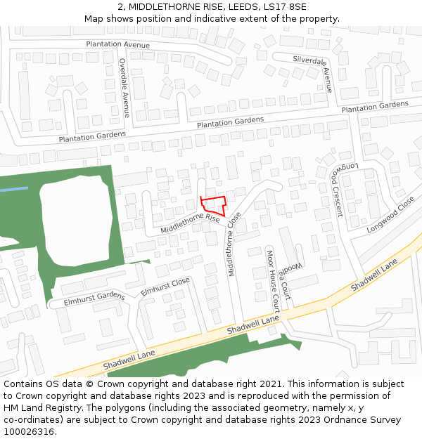 2, MIDDLETHORNE RISE, LEEDS, LS17 8SE: Location map and indicative extent of plot
