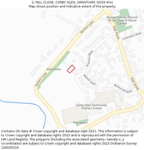 2, MILL CLOSE, CORBY GLEN, GRANTHAM, NG33 4HU: Location map and indicative extent of plot