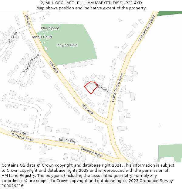 2, MILL ORCHARD, PULHAM MARKET, DISS, IP21 4XD: Location map and indicative extent of plot