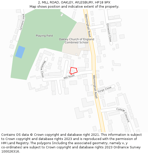 2, MILL ROAD, OAKLEY, AYLESBURY, HP18 9PX: Location map and indicative extent of plot