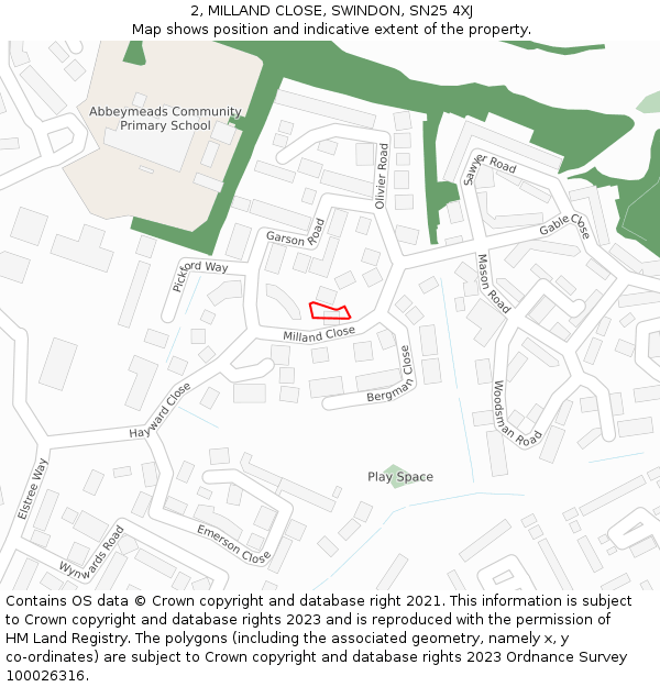 2, MILLAND CLOSE, SWINDON, SN25 4XJ: Location map and indicative extent of plot