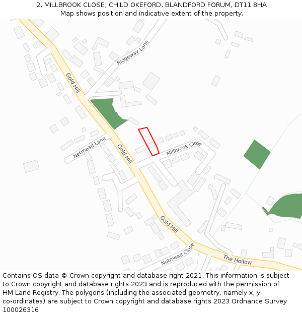 2, MILLBROOK CLOSE, CHILD OKEFORD, BLANDFORD FORUM, DT11 8HA: Location map and indicative extent of plot