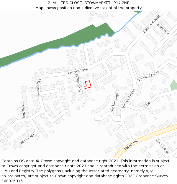 2, MILLERS CLOSE, STOWMARKET, IP14 2NR: Location map and indicative extent of plot