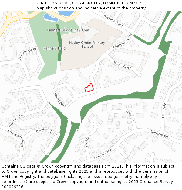 2, MILLERS DRIVE, GREAT NOTLEY, BRAINTREE, CM77 7FD: Location map and indicative extent of plot