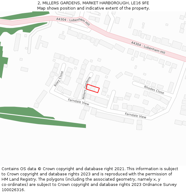 2, MILLERS GARDENS, MARKET HARBOROUGH, LE16 9FE: Location map and indicative extent of plot